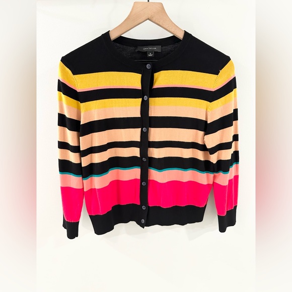 Ann Taylor Black & Tan Striped Button Front Cardigan Size Small - Picture 3 of 5
